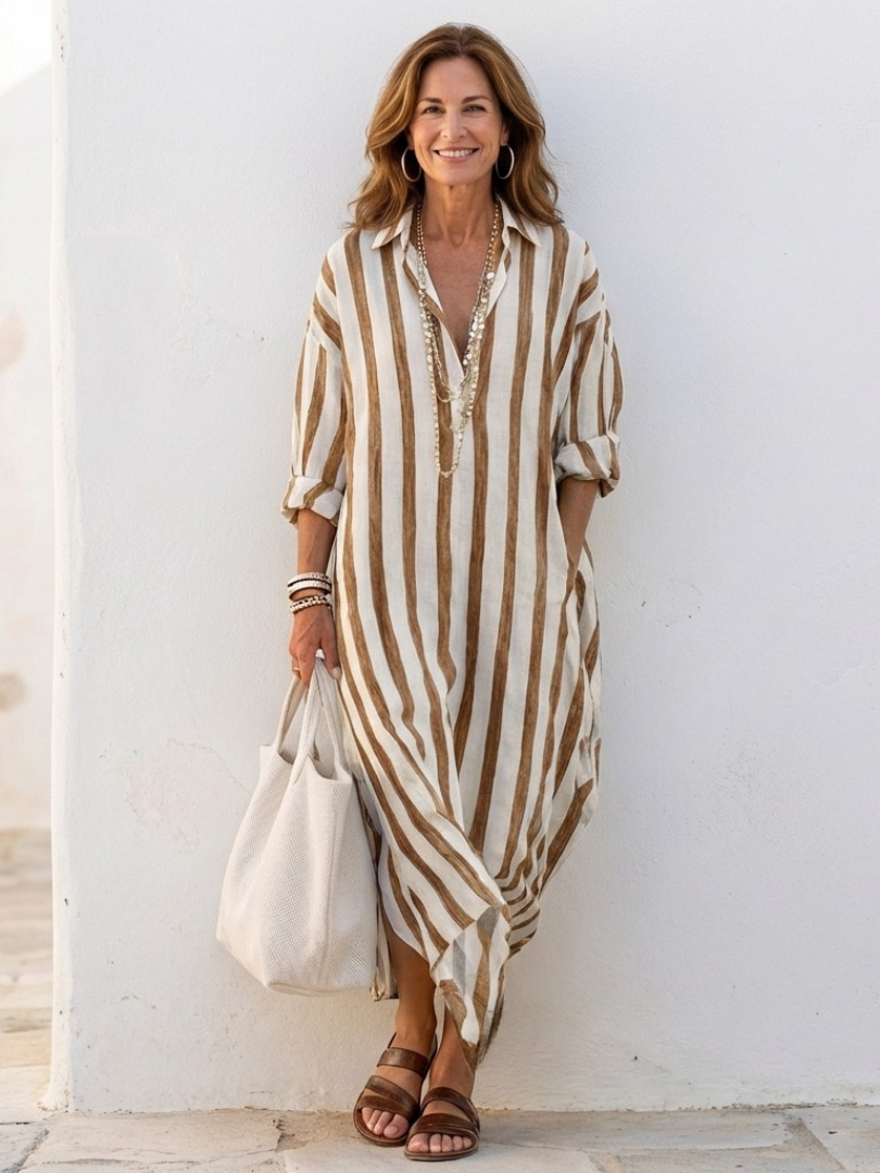 Naomi | Long Sleeve Striped Midi Shirt Dress