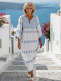 Evadne | V Neck Long Sleeve Embroidered Maxi Dress